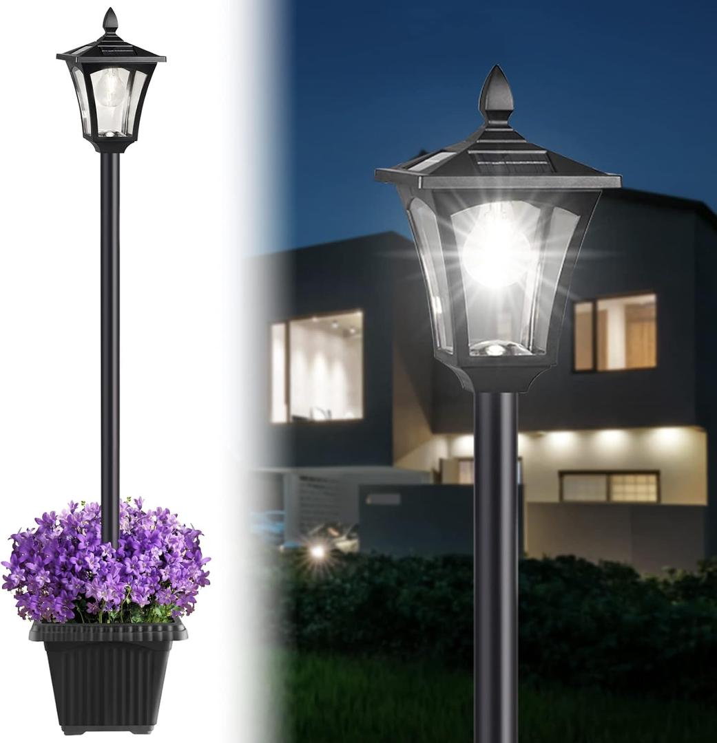 64" Solar Lamp Post Light, Light Outdoor Waterproof with Planter, Pole Outside for Porch Yard Driveway Garden Patio Decor, Cool White
