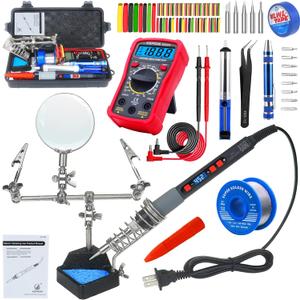 Soldering Iron Kit, 80W Electric Solder iron, Adjustable Temperature (180C- 500C, With Multimeter, Magnifier Welding Helping Hand, Heat shrink tubing, Solder Wire, Desoldering pump.
