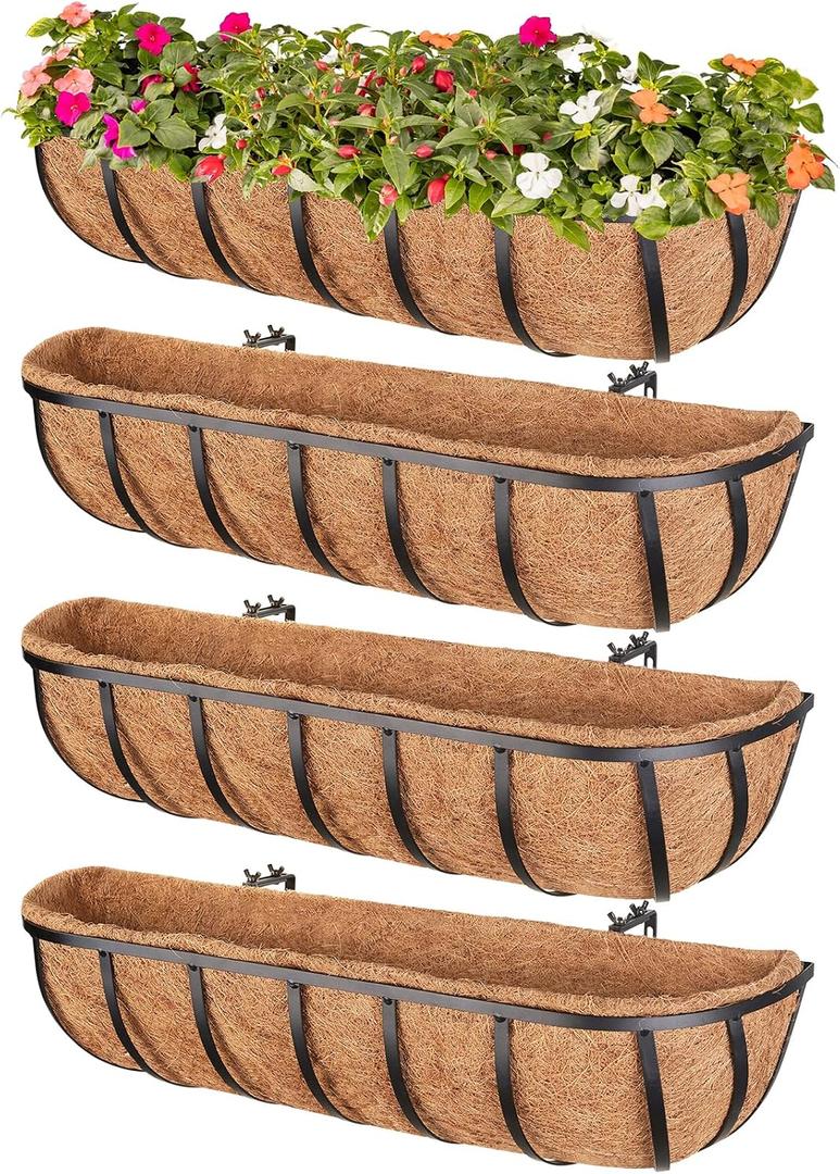 Legigo 4 Pack 24 Inch Window Boxes Railing Planter Box with Coconut Liner, Balcony Railing Planter Horse Trough Deck Window Planters, Metal Railing Hanging Flower Baskets for Outdoor Porch Fence Patio