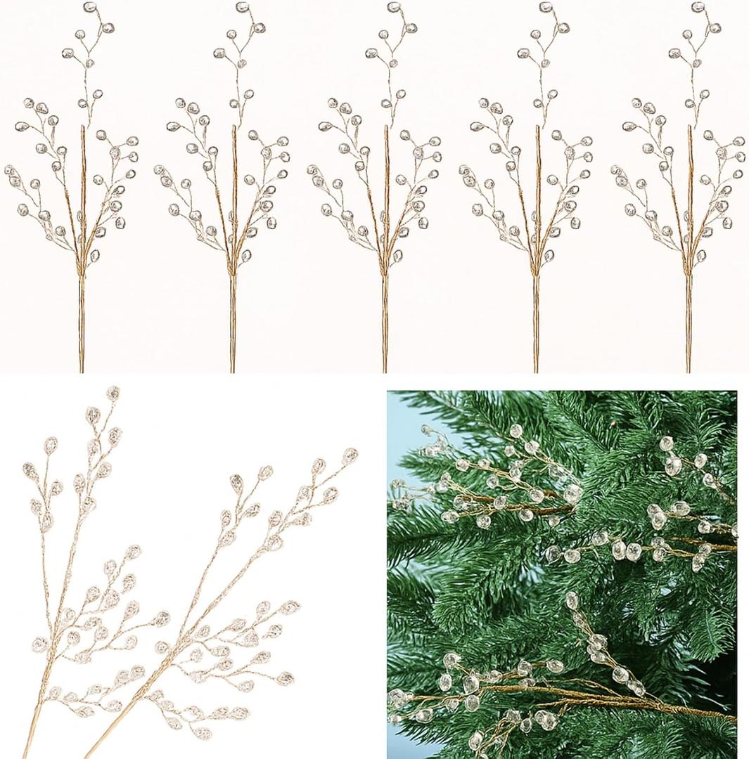 6 Pcs 14.2" Crystal Picks for Christmas Tree Gem Decor Jewel Spray Branches Vase Fillers for Home Christmas Party Decoration DIY Crafts (Gold)