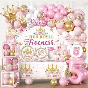 299pcs Princess 5th Birthday Decorations, All-in-One Set for 25 Guests | Easy setup, Includes candle, sash, tableware, backdrop, banner, balloon arch, and more for girls 5th birthday