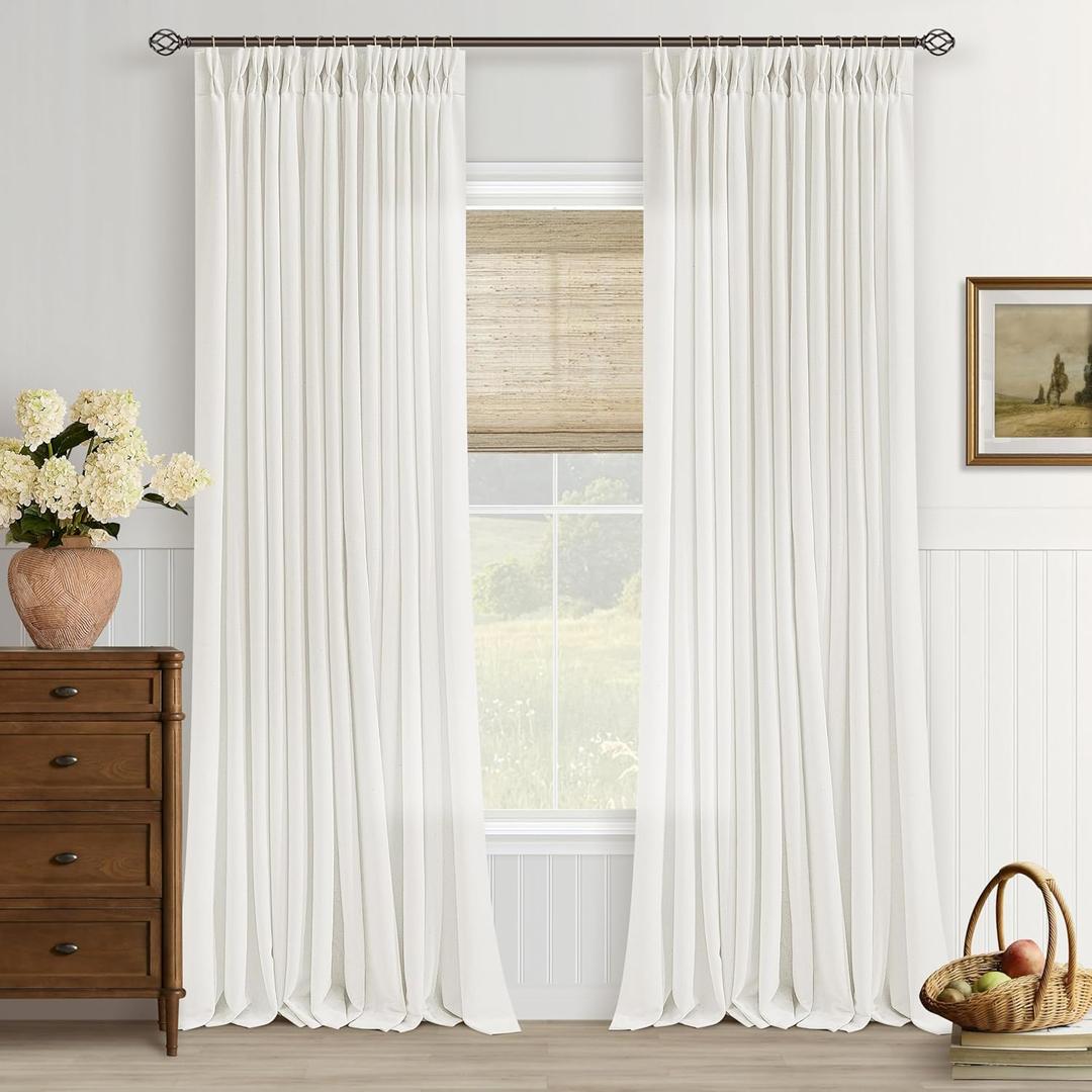 Thick Linen 100 Inch Semi Sheer Curtains for Living Room Bedroom Light Filtering Natural Cream Ivory Textured Privacy Pinch Pleated Curtains 100 Inch Length Hooks Rings Back Tab for Sliding Door (40"W x 100"L (Pack of 2))