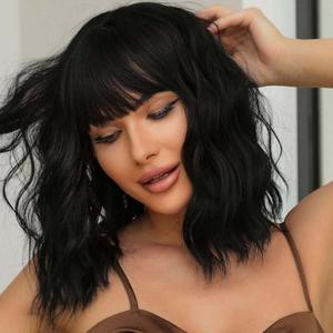 andromeda Black Wavy Wig with Bangs Soft Short Bob Wigs for Women Synthetic Shoulder Length Women's Curly Wigs for Costumes Cosplay Daily (Black)