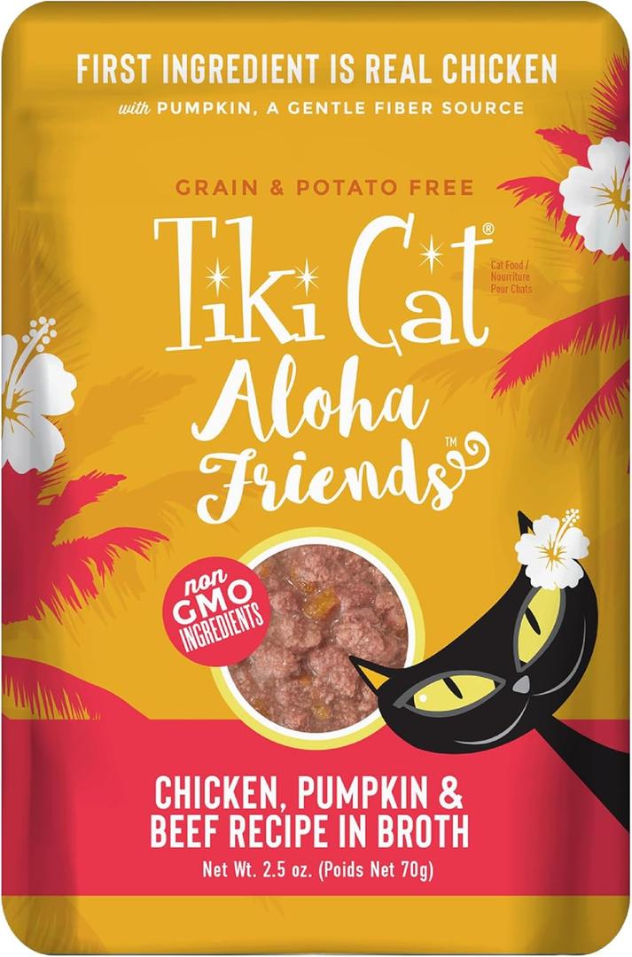 Tiki Cat Aloha Friends Wet Cat Food, Chicken, Pumpkin & Beef, 2.5 oz. Pouch (12 Count) (EXP 08/24/26)