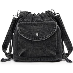 Womens Small Denim Shoulder Crossbody Bag Jean Bucket Tote Bag Drawstring Lightweight Phone Purse Handbags (Black)