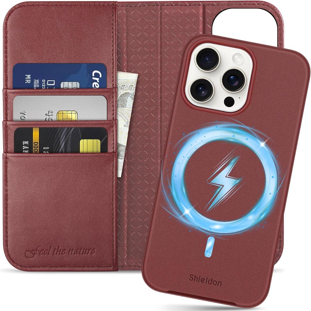 SHIELDON Case for iPhone 15 Pro Max 5G, Genuine Leather Detachable Wallet Kickstand RFID Blocking Card Holder Magnetic Shockproof Wireless Charging Case Compatible with iPhone 15 Pro Max - Wine Red (Wine Red - Detachable)
