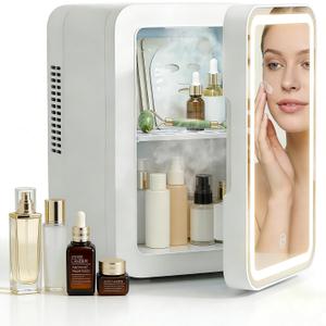 Lispin Mini Fridge for Bedroom, 4L Skincare Fridge with Dimmable LED Light Mirror for Dorm & Office, Portable Cooler & Warmer Small Compact Refrigerator for Skincare