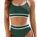 SRTUMEY Women Deep V Neck Swimsuit Women's High Waisted Bikini Sets Sporty Two Swimsuit Color Block High Neck Bathing Suit Sale Clearance Summer Swim Suit, Medium