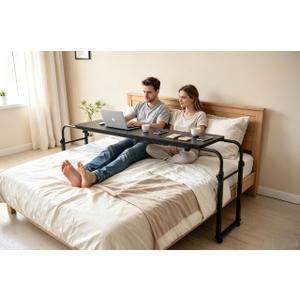 Overbed Bedside Table with Wheels Portable Rolling Laptop Desk Cart Computer Table Over The Bed Table Adjustable Height and Length with Tilt Stand Board for Bed Hospital Home and Office (Black-M)