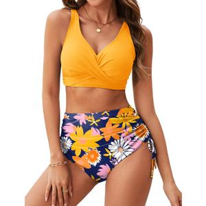 Arolina Womens Bikini Sets V Neck Twist Front Two Piece Swimsuit Adjustable Tie Side Bathing Suit (Large, Yellow Flowers)