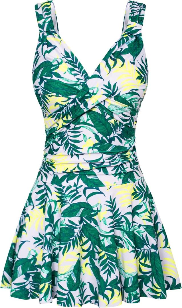 GRACE KARIN Women's One Piece Swimdress Tummy Control Bathing Suit V Neck Swimsuit Ruched Skirt Swimwear (Green Yellow Leave, Large) GRACE KARIN Women's One Piece Swimdress Tummy Control Bathing Suit V Neck Swimsuit Ruched Skirt Swimwear (Green Yellow Leave, Large)