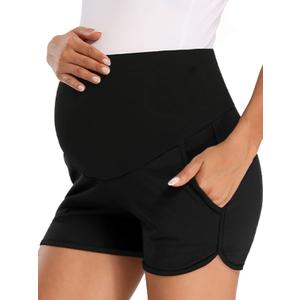 fitglam Women's Maternity Shorts Over Belly Pregnancy Lounge Workout Running Pajama Sleep Shorts with Pockets (Medium, A01 Black)