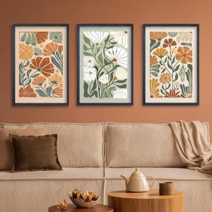 Wildflower Floral Green Botanical Wall Art Print 16"x11" Set of 3 flower Illustrations Minimalist Modern Boho Sign Wood Framed for Living Room Bedroom Office Abstract Wall Hang Decor (Black) (16L" x 11W")