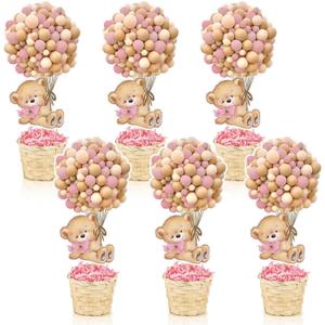 6 Set Pink Baby Shower Table Centerpieces Decortion Hot Air Balloon Cute Babys Bear with Bamboo Basket Lafite Garss Welcome Oh Baby We Can Bearly Wait Boy Or Girl Gender Reveal Party Favor