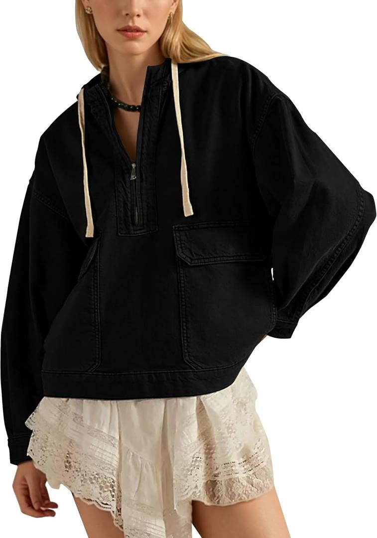 HangNiFang Womens Oversized Hooded Denim Cotton Jacket Cargo Half Zip Pullover Coat with Pockets (Black, S)
