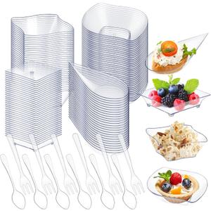 Tessco for you 400 Pcs Mini Appetizer Plates Set Including 200 Disposable Dessert Plates Assorted Shape 100 Mini Plastic Forks 100 Plastic Spoons for Party (Classic Style, Clear)