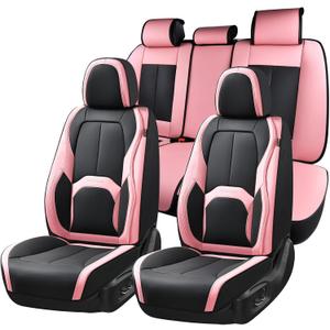 Coverado Car Seat Covers Full Set, Waterproof Nappa Leather Seat Covers for Car, Car Seat Protector with Lumbar Support, Automotive Seat Covers Universal Fit for Most Cars SUV Trucks, (Black&Pink)