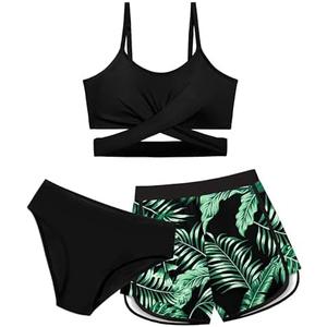 Dearnow Girls Swimsuit 3 Piece Bathing Suit Criss Cross Bikini Set Girls' Swimwear with Shorts 15-16T