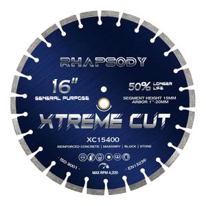 RHAPSODY 16 Inch Diamond Concrete Saw Blade, Segmented General Purpose Blade Dry/Wet Cutting Concrete, Reinforced Concrete, Masonry, Brick, Block,1"-20mm Arbor