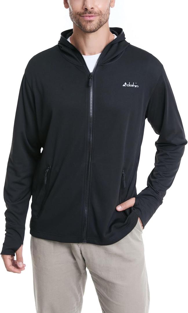 clothin Mens Lightweight Full Zip Hood Running Jacket with Zip Pockets for Fishing Hiking Travel (Small, Black)