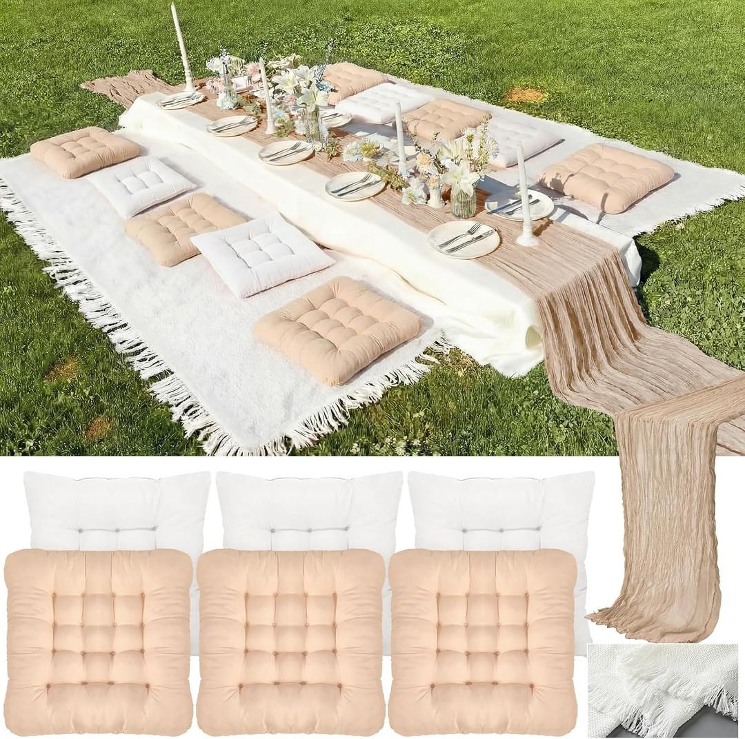 Extra Large Outdoor Picnic Blanket with Table Runner and Floor Pillow Cushion for Picnic Wedding Birthday Baby Shower Backyard Decor (91 x 71'',Brownish Beige,Light Camel, Light Beige,8 Pcs)