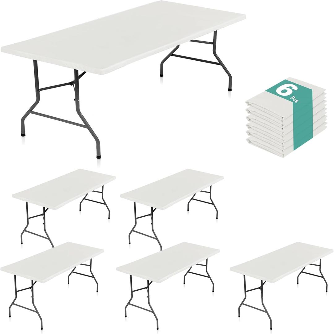 LUSHVIDA 6 Packs Vinyl Tablecloths with Flannel Backing for 4ft Rectangle Folding Table Cloths - Waterproof Plastic Picnic Table Covers with Elastic Corners, 30x48 inch, Ivory