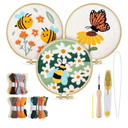 TINDTOP 3 Sets Punch Needle Kits, Flowers Punch Embroidery Kits for Adults Beginner, Tool with Punch Needle Fabric, Hoops, Yarns and Sewing Needles