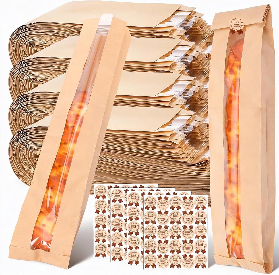 MAQUITA 100 Pack Paper Bread Bag with Window, Long French Bread Bag with 100 pcs sticker, Brown Baguette Bags, Loaf Storage Packing Sacks Biscuits Packaging for Homemade, Bakery, Coffee Bar