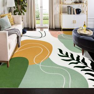 Boho Art Area Rug 6x9 Green Washable Rug for Living Room Aesthetic Minimalist Mid Century Carpet Soft Non Slip Low Plie Colorful Rugs for Bedroom Dining Room Nursery Modern Home Decor