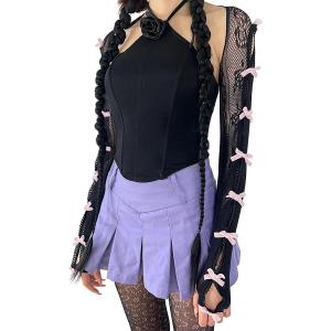 Arogheiz Women's Mesh Lace Shrug Crop Top Y2K Aesthetic Grunge Arm Sleeves Cardigan with Bow Going Out Shirts Summer (Polyester, Black, One Size)