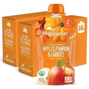 Happy Baby Organics Stage 2 Baby Food Pouches, Gluten Free, Vegan & Healthy Snack, Clearly Crafted Fruit & Veggie Puree, Apples, Pumpkin & Carrots, 4 Ounces (Pack of 16), BB Date: 07/07/26