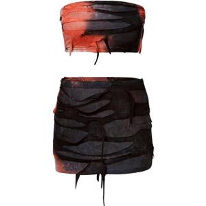 Women's Y2K 2 Pieces Outfits Tie Dye Distressed Bandeau Crop Top Tube Top and Bodycon Mini Skirt Sets M