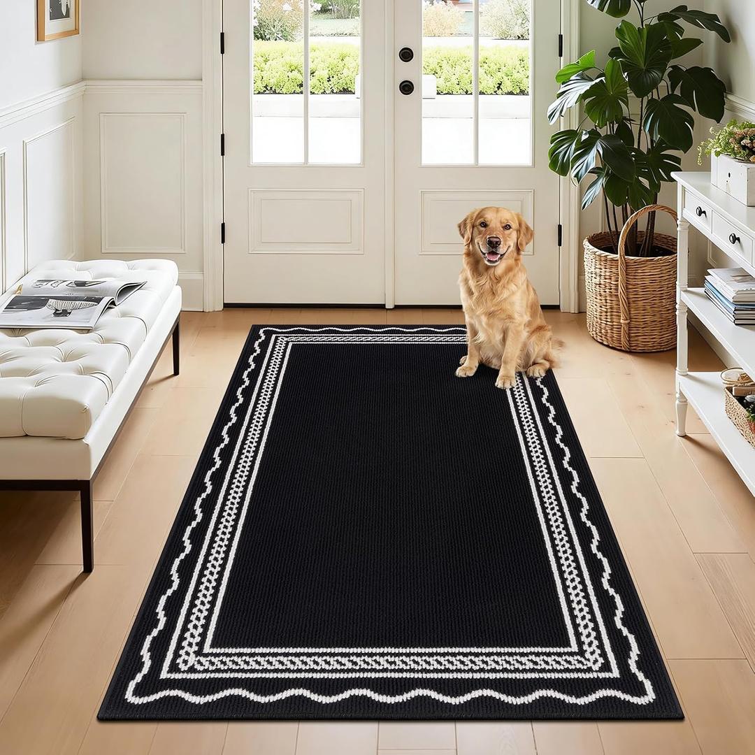 Ileading Indoor Door Mat 3x5ft Absorbent Dog Mats for Muddy Paws,Machine Washable Small Living Room Area Rug with Non-Slip Rubber Backing Low-Profile Inside Carpet for Hallway,Entryway,Kitchen(Black)