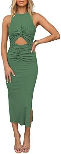 Duigluw Women's Summer Knit Sleeveless Crosscriss Cutout Ruched Bodycon Midi Dress with Slit S