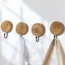 Colingmill 4 Pcs Boho Rattan Wall Towel Hooks Decorative Woven Hanging Holder Farmhouse Coat Rack Hooks Wood Coat Rack Wall Mount Vintage Decorative Hook for Hanging Coats(Round)