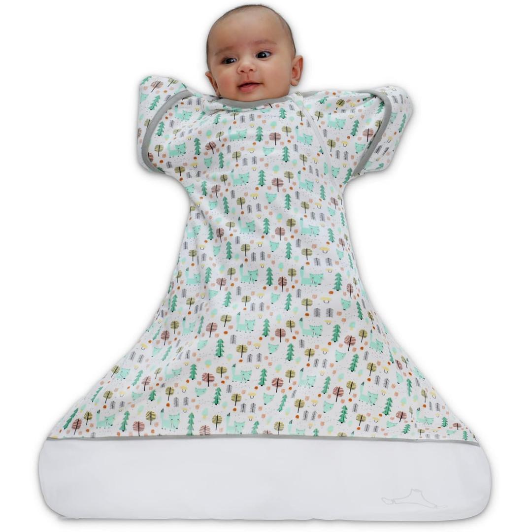 Swaddle Sack Arms Up, Allows Babies HIPS to Move Freely, fits Newborn Babies 0-6 Months, Arms in/Out Transition Swaddle Sack, Baby Sleep Sack, Organic Cotton Fox (Mint Salmon Orange) (White Green Orange Yellow)