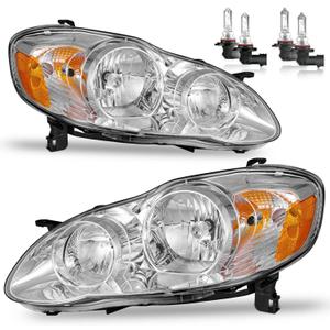 Headlights W/Bulbs for 2003 2004 2005 2006 2007 2008 Toyota Corolla Halogen Headlamp Replacement Driver & Passenger Side