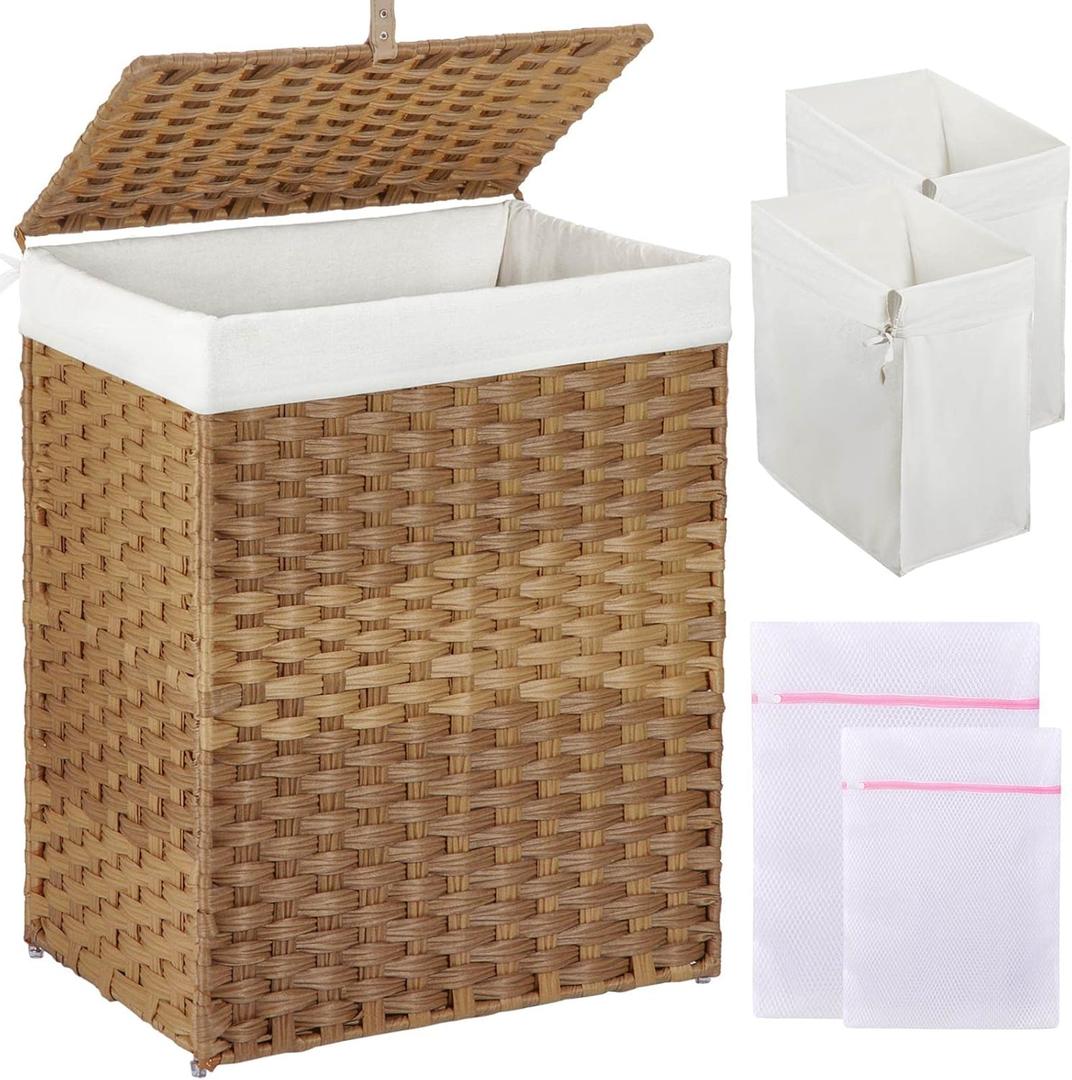 GREENSTELL Laundry Hamper with Lid, 90L Clothes Hamper with 2 Removable Liner Bags & 2 Mesh Laundry Bags, Handwoven Synthetic Rattan Laundry Basket for Clothes, Toys in Bathroom, Bedroom Natural (90L (18.1 x 13.0 x 23.6 inches))