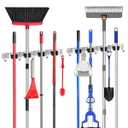 nacena 2 Pack Broom Holder Wall Mount Mop Hanger, Stainless Steel 4 Racks 5 Hooks Self Adhesive Heavy Duty Tool Organizer for Garage Kitchen Garden Laundry Room Home Silver