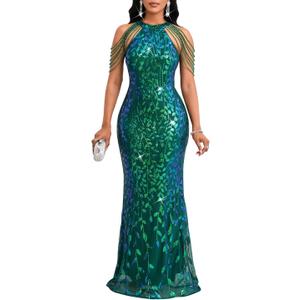 Cololura Women Sexy Elegant Sequin Tassel Off Shoulder Halter Bodycon Maxi Dress Party Evening Gown Formal Dress (Medium) Cololura Women Sexy Elegant Sequin Tassel Off Shoulder Halter Bodycon Maxi Dress Party Evening Gown Formal Dress (Medium)