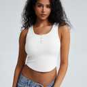 ZeroBound Built in Shelf Bra Crop Tank Tops for Women Scoop Neck Henley Button Sleeveless Shirts Casual Basic Tee Shirt Outfits Going Out (White, XL)