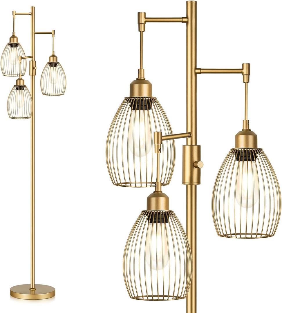 Dimmable Industrial Floor Lamps for Living Room, Gold Tree Standing Tall Lamps with 3 Elegant Teardrop Cage Head & 800 Lumens LED Bulbs for Bedroom Office (Gold-70 inches)