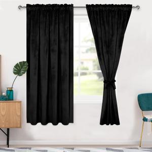 Hiasan Black Velvet Curtains 72 inches-Blackout Thermal Insulated Solid Soft Curtains for Bedroom Living Room Rod Pocket Room Darkening 2 Panels Window Drapes with Tiebacks, 52W x 72L