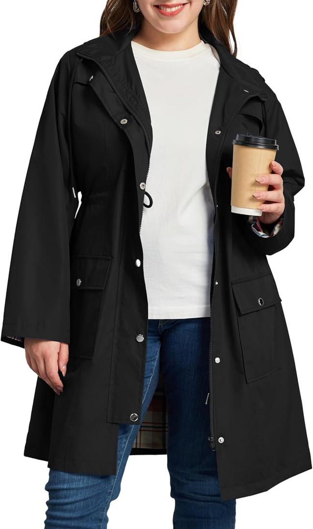 Kikibell Plus Size Waterproof Jackets for Women Raincoats Rain Jacket Windbreaker Lightweight Trench Coat with Hood Black 2XL