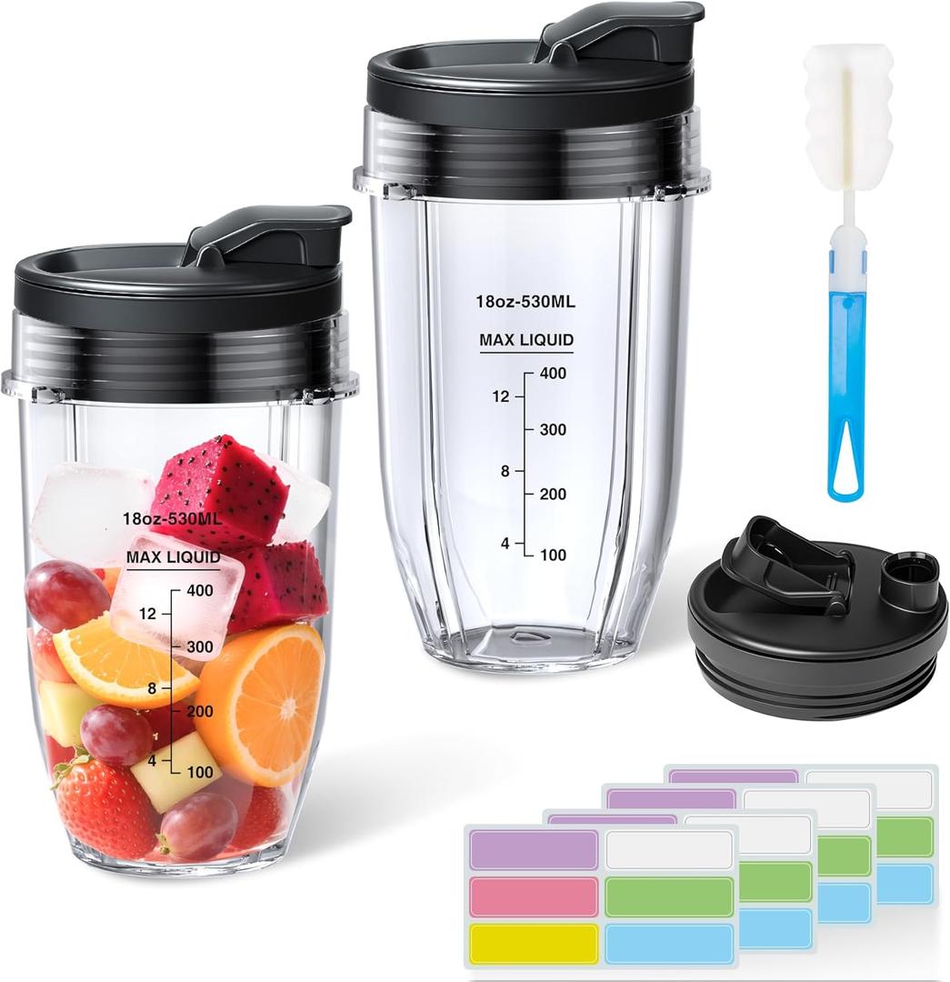 GuanQiao 2-Pack 18oz Blender Cups: Replacement For Ninja, With Sip/Seal Lid, Cleaning Brush & 24pcs Writable Labels. Fits BN401/BN751/BN801/BN800/BL450/BL456/BL480/Foodi SS401/SS101/TWISTi SS151/SS351