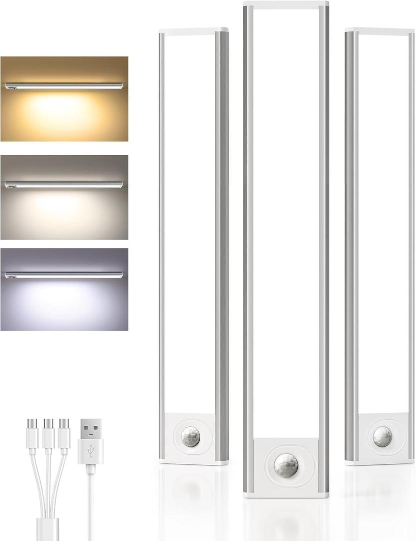 Under Cabinet Lighting Wireless,Rechargeable Battery Motion Sensor Light Indoor,LED Closet Lights USB Charging,3 Color Dimmable Under Cabinet Lights for Kitchen, Cabinet, Wardrobe (3 Pcs)12in
