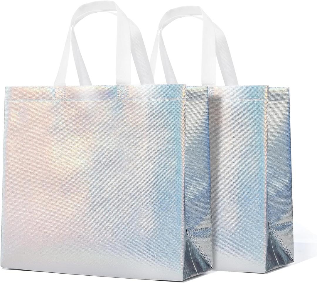 RACETOP 15 Pcs Iridescent Glossy Gift Bags Large Size, 13x5x11 Inch Holographic Reusable Gift Bags with Handles & Sturdy Base, Ideal for Birthday, Wedding, Bachelorette, Party Favors, Holiday Goodie