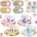 24 Sets Disposable Paper Tea Cups 7 OZ Floral Tea Party Cups with Handle and Plates Teacups and Saucer Sets for Garden Party Baby Bridal Shower Birthday(Watercolor Style)