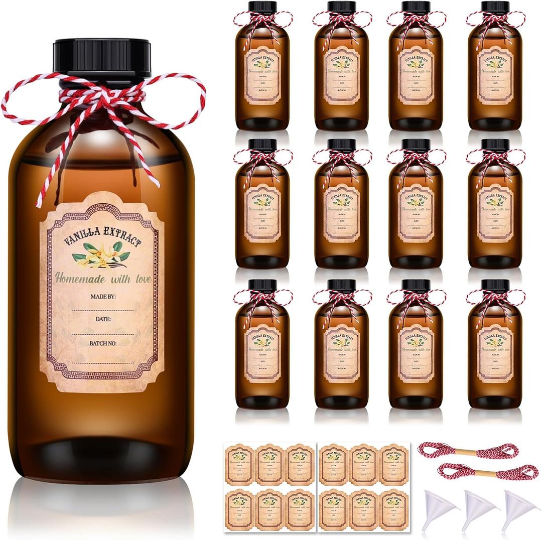 12 Pack Amber Glass Bottles for Vanilla Extract Homemade 8 oz,Vanilla Extract Bottles,Brown Boston Round Bottle with Caps and Stickers,Glass Food Storage Canister for Syrup Beans Sauce Essential Oil