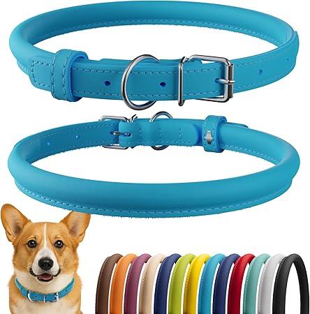 CollarDirect Rolled Leather Dog Collar, Soft Padded Round Puppy Collar, Handmade Genuine Leather Collar Dog Small Large Cat Collars (11-14 Inch, Light Blue)